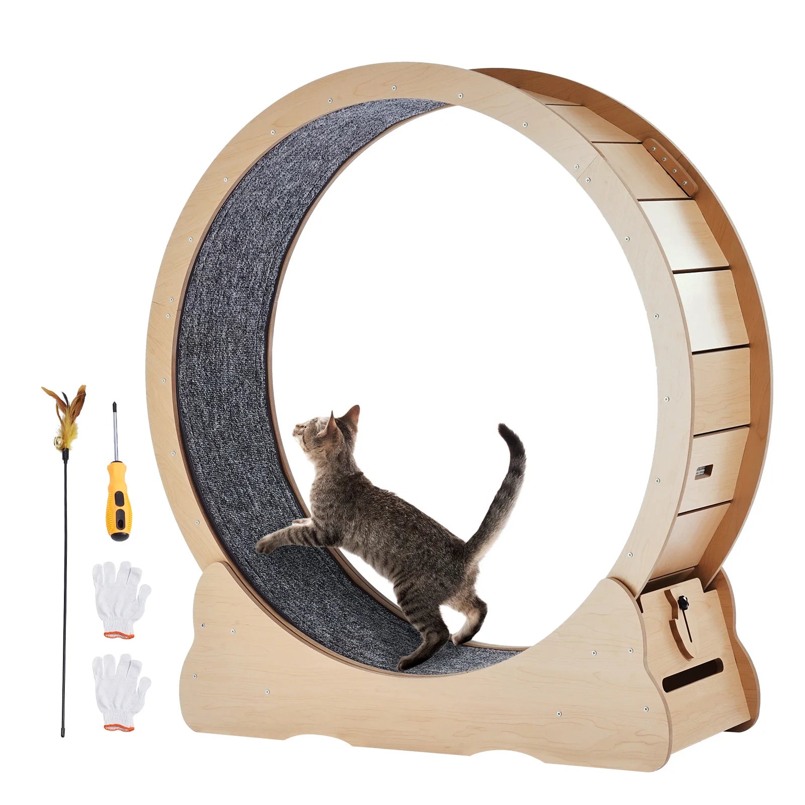 SucceBuy Wooden Cat Exercise Wheel Large Cat Treadmill Wheel for Indoor Cat Running Wheel with Detachable Carpet& Cat Teaser Trendycat