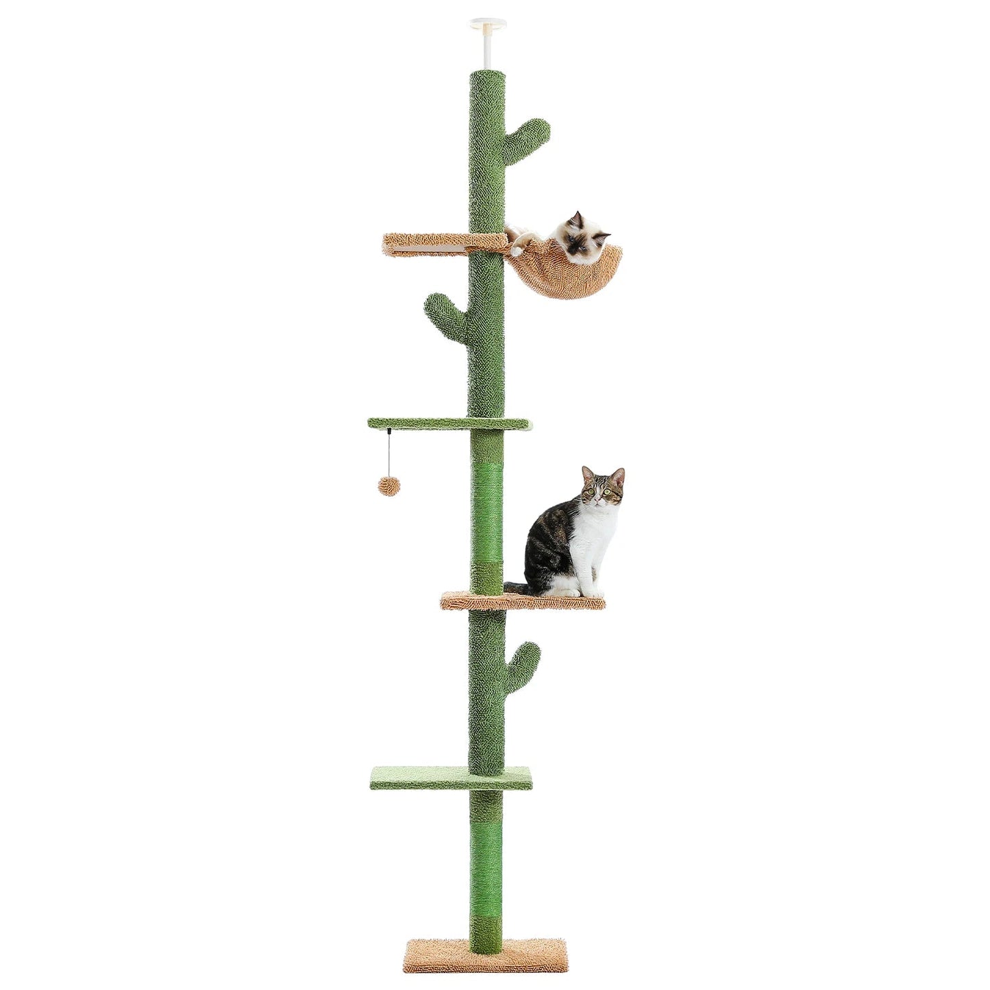Cat Tree 5-Tier Floor to Ceiling Cat Tower Cactus Tall Climbing Tree with Scratching Post Hammock Dangling Ball for Indoor Cats Trendycat