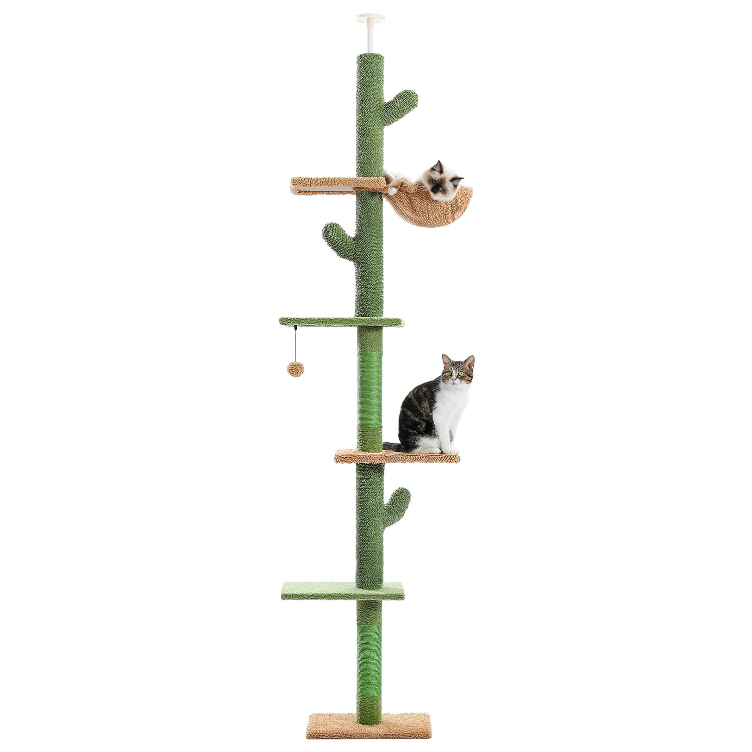 Cat Tree 5-Tier Floor to Ceiling Cat Tower Cactus Tall Climbing Tree with Scratching Post Hammock Dangling Ball for Indoor Cats Trendycat
