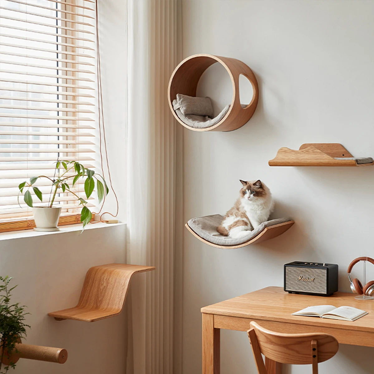 Cat Wall Shelves Curved Hammock Bed Steps with Cushions Cat Furniture for Sleeping Playing Climbing Contoured Cat Rack Supplies Trendycat